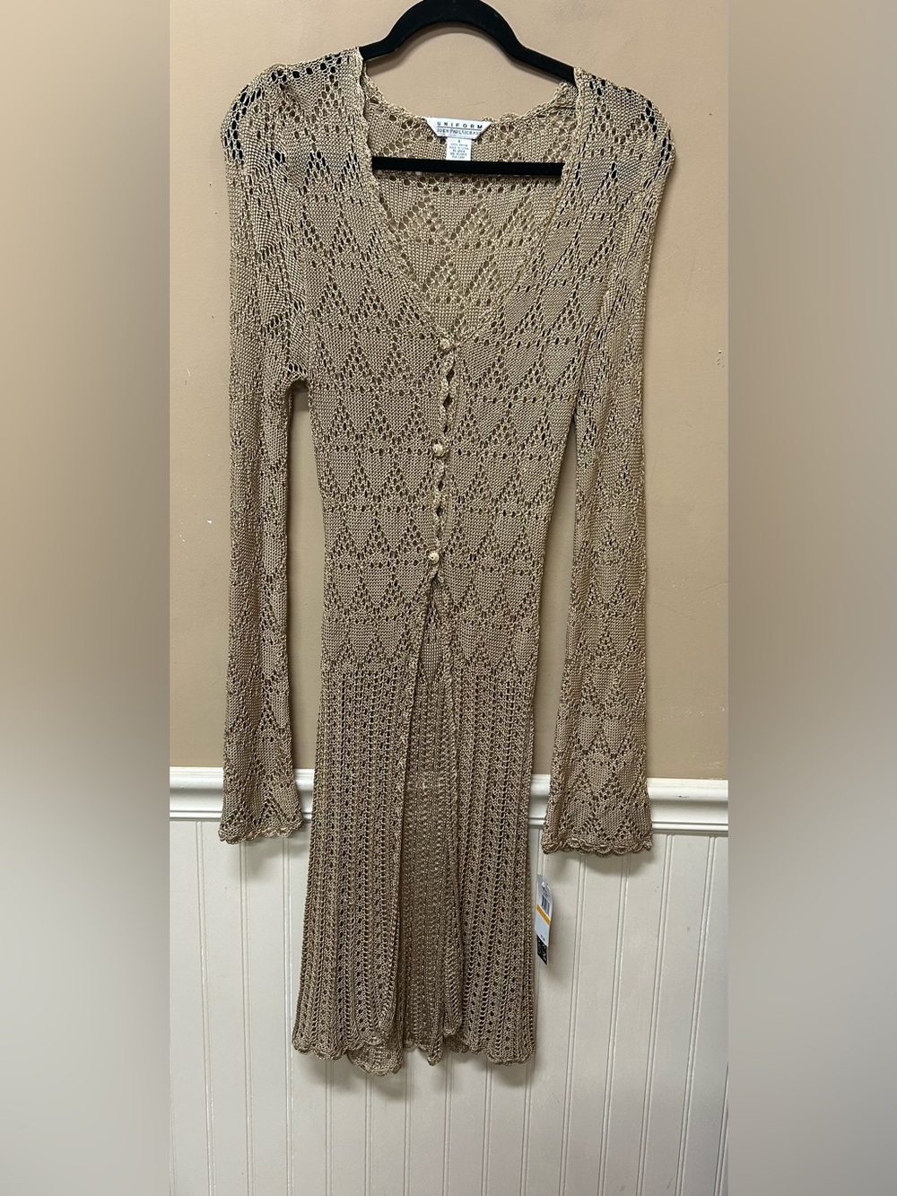 Uniform by John Paul Richard Gold Crochet Knit Long Cardigan Size Small NWT